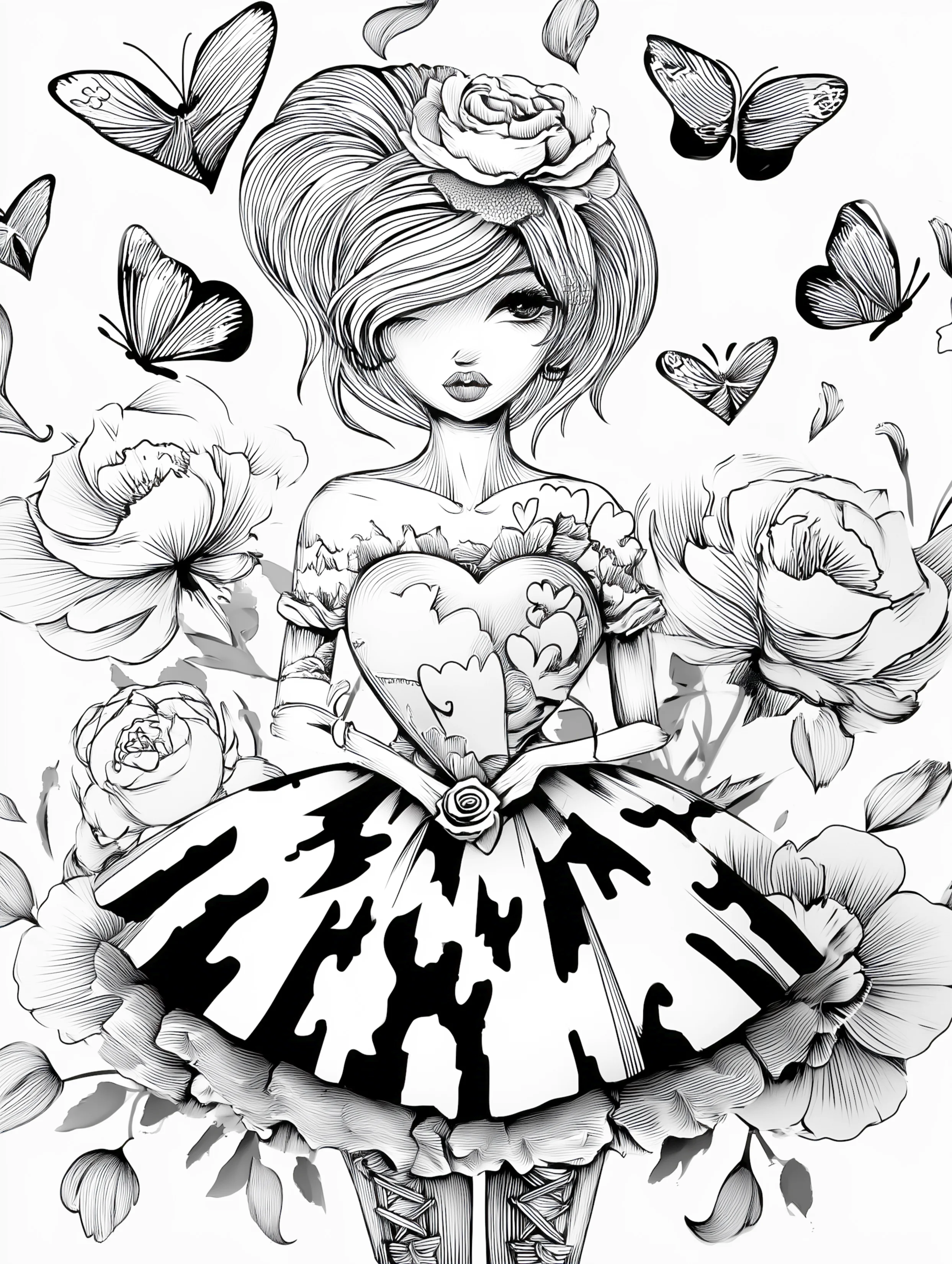 Free printable beautiful fairy coloring page featuring a patchy skirt fairy